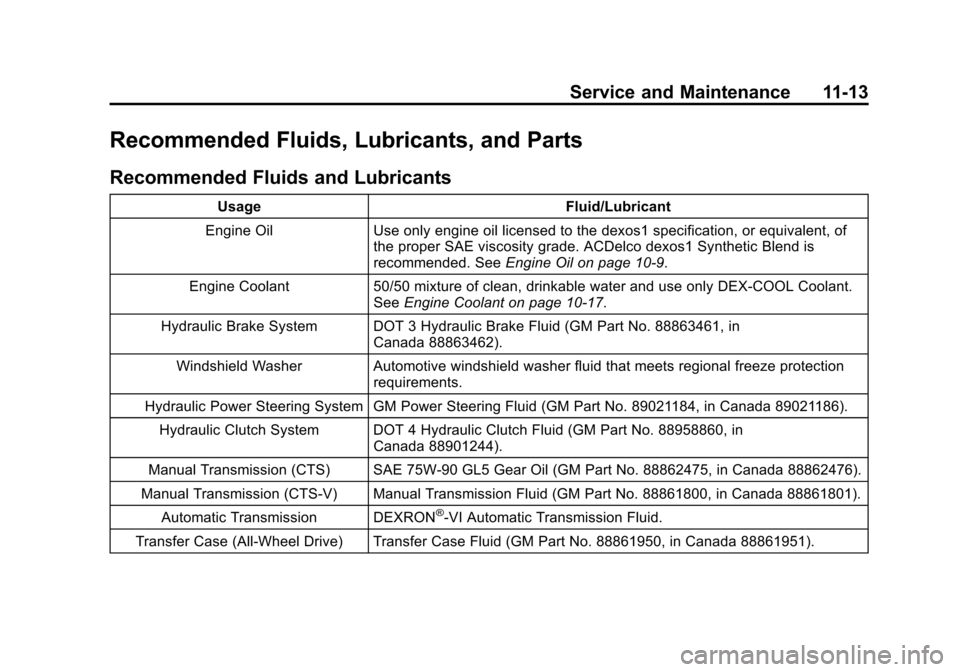 CADILLAC CTS 2013 2.G Owners Manual Black plate (13,1)Cadillac CTS/CTS-V Owner Manual - 2013 - crc2 - 8/22/12
Service and Maintenance 11-13
Recommended Fluids, Lubricants, and Parts
Recommended Fluids and Lubricants
UsageFluid/Lubricant CADILLAC CTS 2013 2.G Owners Manual Black plate (13,1)Cadillac CTS/CTS-V Owner Manual - 2013 - crc2 - 8/22/12
Service and Maintenance 11-13
Recommended Fluids, Lubricants, and Parts
Recommended Fluids and Lubricants
UsageFluid/Lubricant