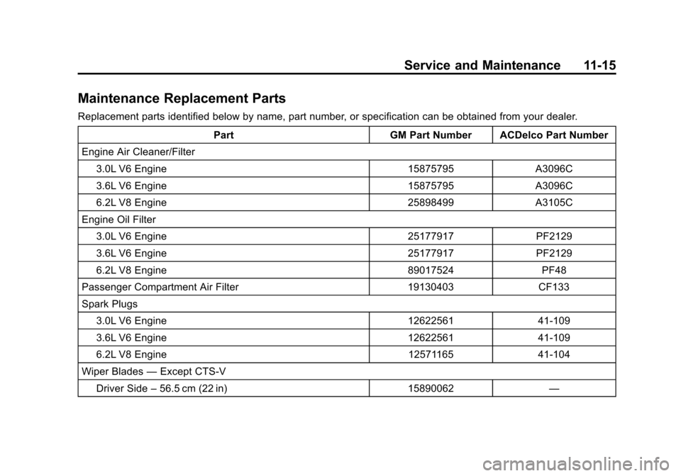 CADILLAC CTS 2013 2.G Owners Manual Black plate (15,1)Cadillac CTS/CTS-V Owner Manual - 2013 - crc2 - 8/22/12
Service and Maintenance 11-15
Maintenance Replacement Parts
Replacement parts identified below by name, part number, or specif