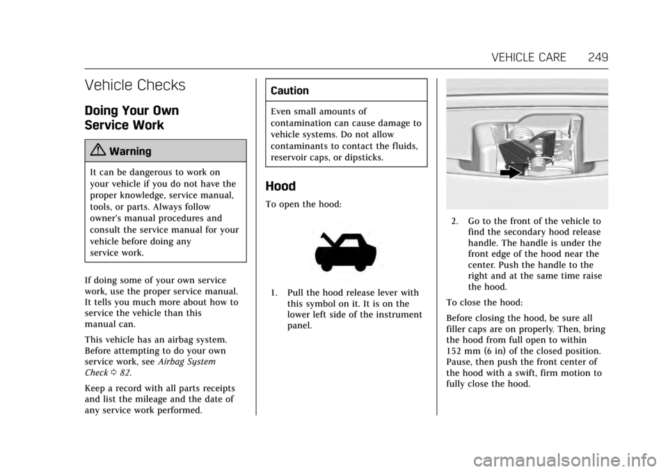 CADILLAC CTS V 2017 3.G Owners Manual Cadillac CTS/CTS-V Owner Manual (GMNA-Localizing-MidEast-10293089) -
2017 - crc - 6/22/16
VEHICLE CARE 249
Vehicle Checks
Doing Your Own
Service Work
{Warning
It can be dangerous to work on
your vehic CADILLAC CTS V 2017 3.G Owners Manual Cadillac CTS/CTS-V Owner Manual (GMNA-Localizing-MidEast-10293089) -
2017 - crc - 6/22/16
VEHICLE CARE 249
Vehicle Checks
Doing Your Own
Service Work
{Warning
It can be dangerous to work on
your vehic