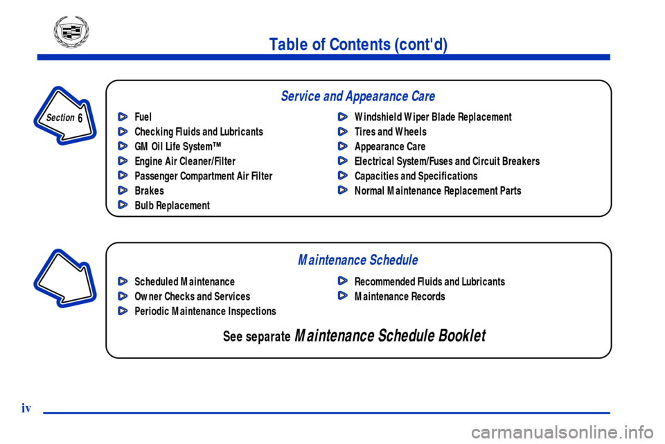 CADILLAC DEVILLE 2001 8.G Owners Manual Fuel
Checking Fluids and Lubricants
GM Oil Life System™
Engine Air Cleaner/Filter
Passenger Compartment Air Filter
Brakes
Bulb ReplacementWindshield Wiper Blade Replacement
Tires and Wheels
Appearan