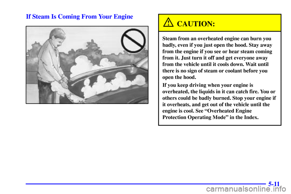 CADILLAC DEVILLE 2002 8.G Owners Manual 5-11 If Steam Is Coming From Your Engine
CAUTION:
Steam from an overheated engine can burn you
badly, even if you just open the hood. Stay away
from the engine if you see or hear steam coming
from it.