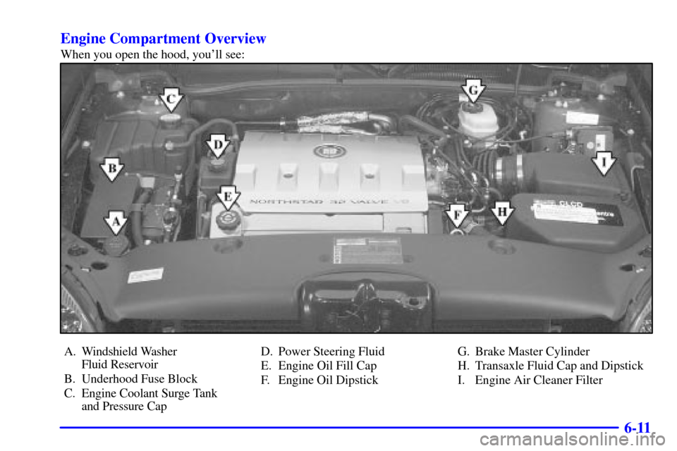 CADILLAC DEVILLE 2002 8.G Owners Manual 6-11 Engine Compartment Overview
When you open the hood, youll see:
A. Windshield Washer 
Fluid Reservoir
B. Underhood Fuse Block
C. Engine Coolant Surge Tank 
and Pressure CapD. Power Steering Fluid