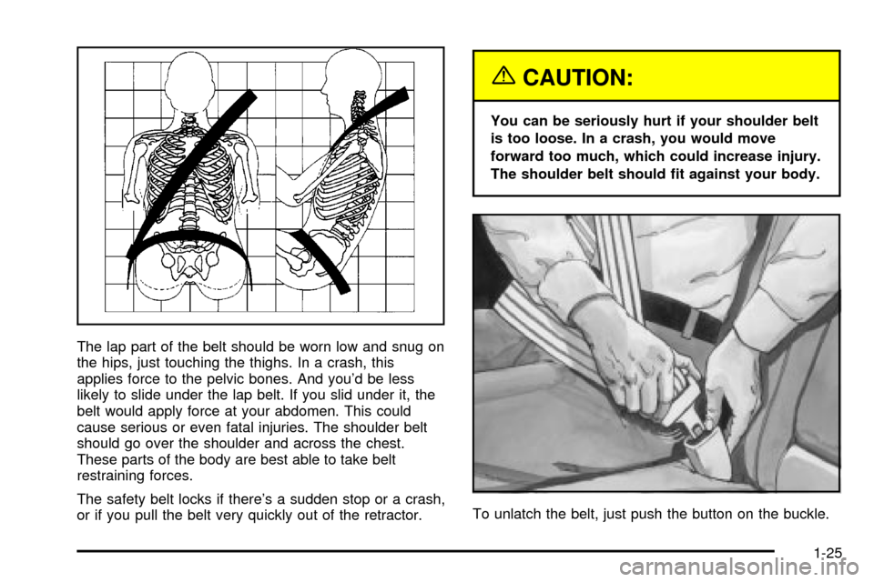 CADILLAC DEVILLE 2003 8.G Owners Guide The lap part of the belt should be worn low and snug on
the hips, just touching the thighs. In a crash, this
applies force to the pelvic bones. And youd be less
likely to slide under the lap belt. If