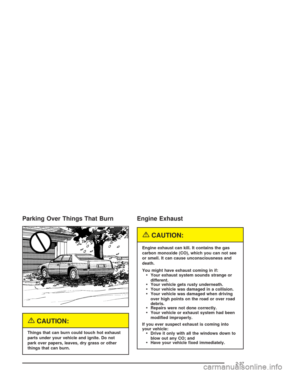 CADILLAC DEVILLE 2004 8.G User Guide Parking Over Things That Burn
{CAUTION:
Things that can burn could touch hot exhaust
parts under your vehicle and ignite. Do not
park over papers, leaves, dry grass or other
things that can burn.
Engi