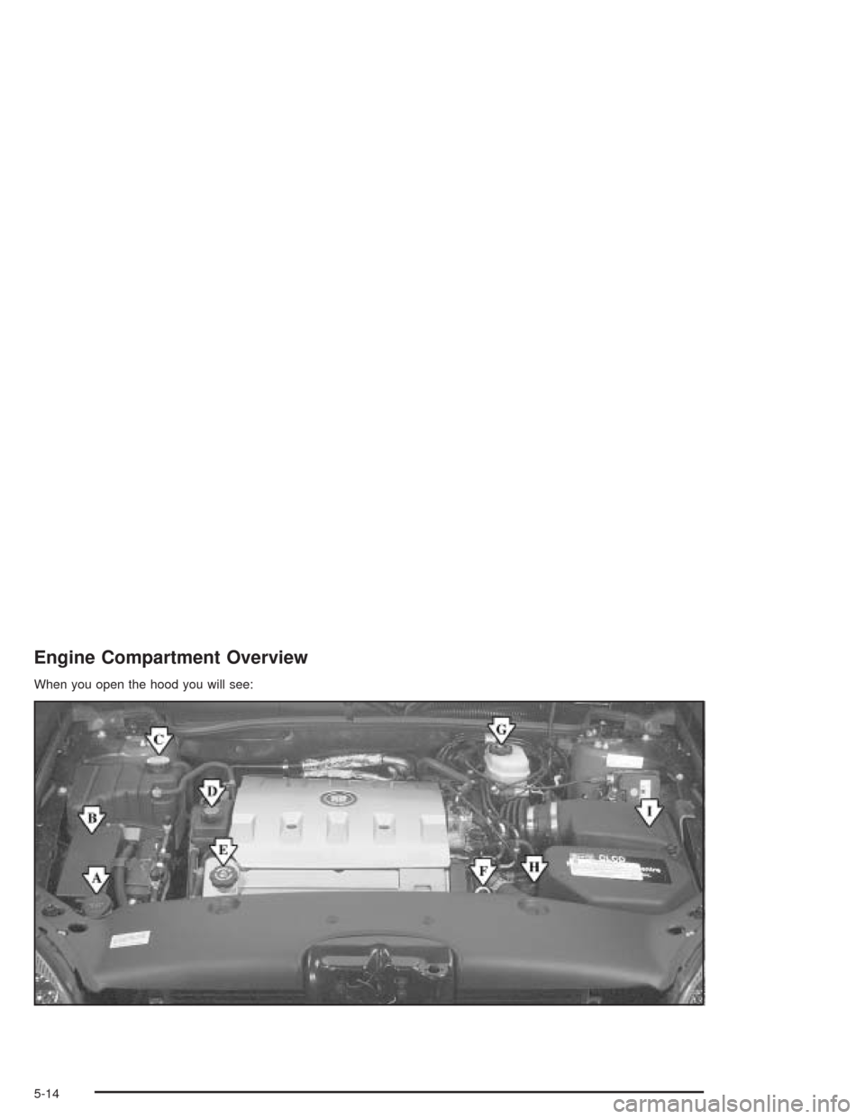 CADILLAC DEVILLE 2004 8.G Repair Manual Engine Compartment Overview
When you open the hood you will see:
5-14 