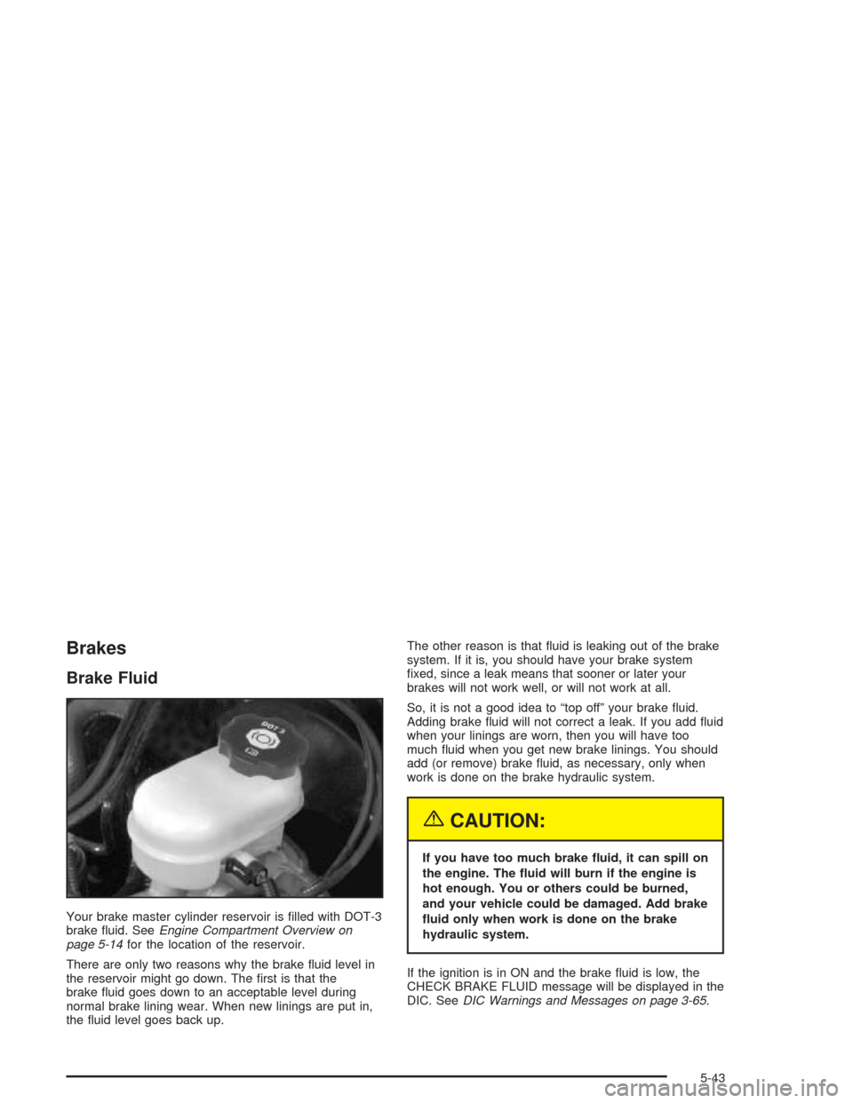 CADILLAC DEVILLE 2004 8.G Owners Manual Brakes
Brake Fluid
Your brake master cylinder reservoir is �lled with DOT-3
brake �uid. SeeEngine Compartment Overview on
page 5-14for the location of the reservoir.
There are only two reasons why the