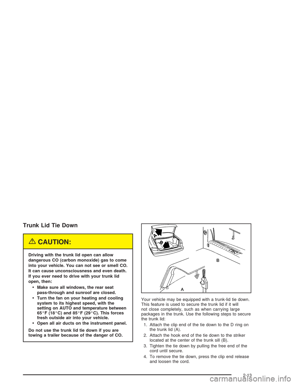 CADILLAC DEVILLE 2004 8.G Owners Manual Trunk Lid Tie Down
{CAUTION:
Driving with the trunk lid open can allow
dangerous CO (carbon monoxide) gas to come
into your vehicle. You can not see or smell CO.
It can cause unconsciousness and even 