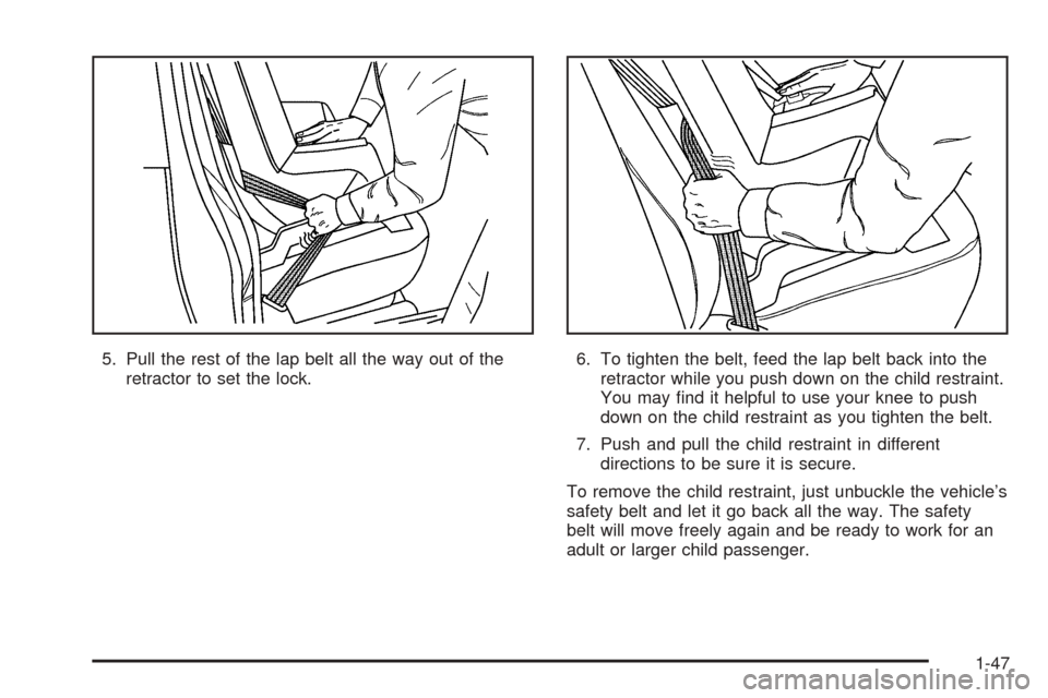 CADILLAC DEVILLE 2005 8.G Owners Manual 5. Pull the rest of the lap belt all the way out of the
retractor to set the lock.6. To tighten the belt, feed the lap belt back into the
retractor while you push down on the child restraint.
You may CADILLAC DEVILLE 2005 8.G Owners Manual 5. Pull the rest of the lap belt all the way out of the
retractor to set the lock.6. To tighten the belt, feed the lap belt back into the
retractor while you push down on the child restraint.
You may