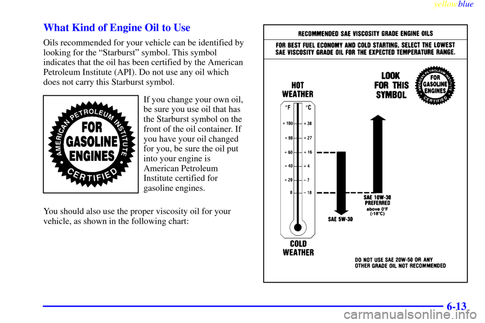 CADILLAC DEVILLE 1999 7.G Owners Manual yellowblue     
6-13 What Kind of Engine Oil to Use
Oils recommended for your vehicle can be identified by
looking for the ªStarburstº symbol. This symbol
indicates that the oil has been certified b