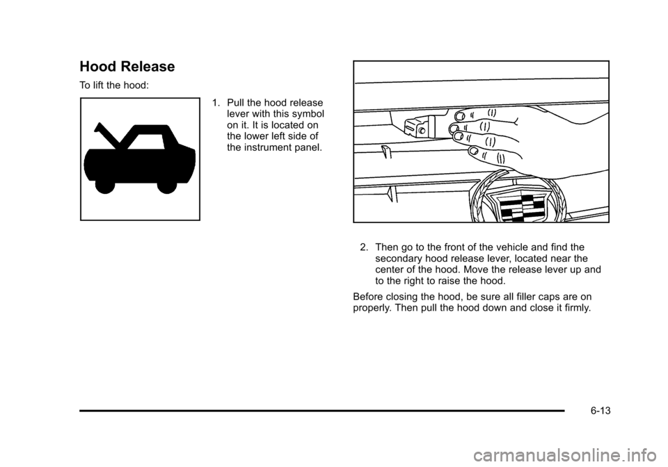 CADILLAC DTS 2011 1.G Owners Manual Black plate (13,1)Cadillac DTS Owner Manual - 2011
Hood Release
To lift the hood:
1. Pull the hood releaselever with this symbol
on it. It is located on
the lower left side of
the instrument panel.
2. CADILLAC DTS 2011 1.G Owners Manual Black plate (13,1)Cadillac DTS Owner Manual - 2011
Hood Release
To lift the hood:
1. Pull the hood releaselever with this symbol
on it. It is located on
the lower left side of
the instrument panel.
2.