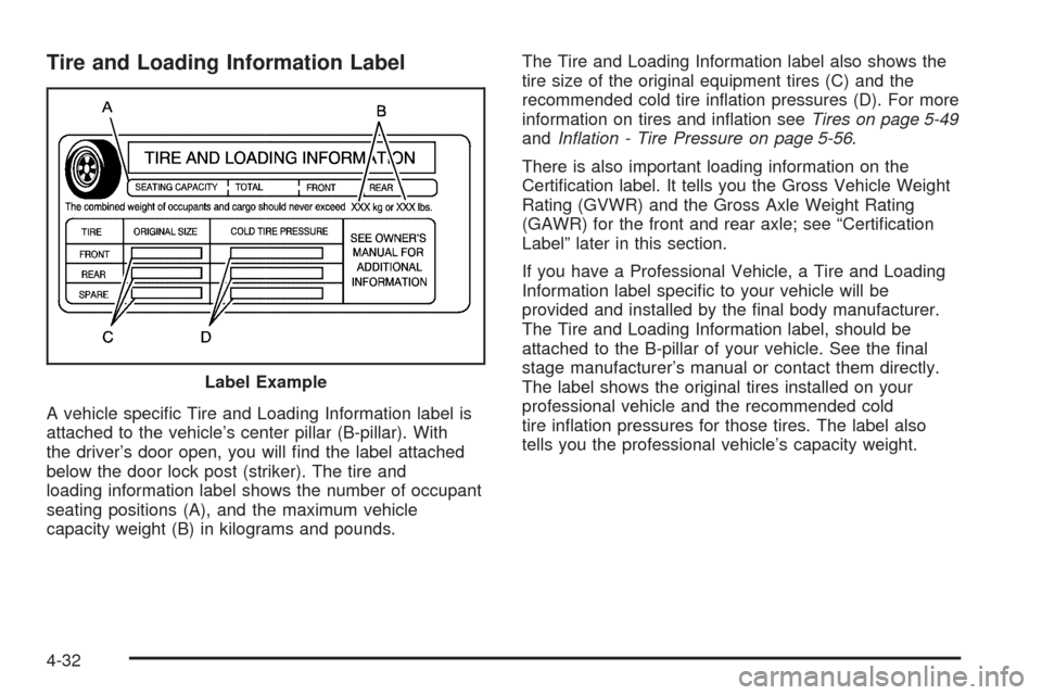 CADILLAC DTS PROFESSIONAL 2006 1.G Owners Manual Tire and Loading Information Label
A vehicle speci�c Tire and Loading Information label is
attached to the vehicle’s center pillar (B-pillar). With
the driver’s door open, you will �nd the label a