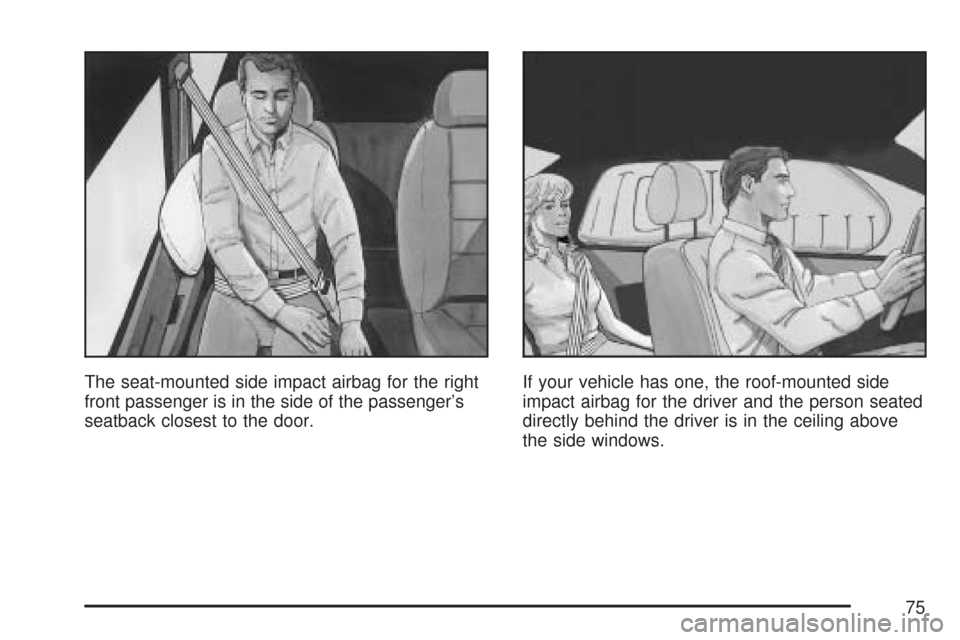CADILLAC DTS PROFESSIONAL 2007 1.G Owners Manual The seat-mounted side impact airbag for the right
front passenger is in the side of the passenger’s
seatback closest to the door.If your vehicle has one, the roof-mounted side
impact airbag for the 