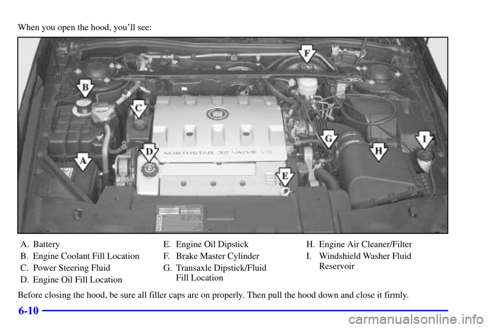 CADILLAC ELDORADO 2000 10.G Owners Manual 6-10
When you open the hood, youll see:
A. Battery
B. Engine Coolant Fill Location
C. Power Steering Fluid
D. Engine Oil Fill LocationE. Engine Oil Dipstick
F. Brake Master Cylinder
G. Transaxle Dips CADILLAC ELDORADO 2000 10.G Owners Manual 6-10
When you open the hood, youll see:
A. Battery
B. Engine Coolant Fill Location
C. Power Steering Fluid
D. Engine Oil Fill LocationE. Engine Oil Dipstick
F. Brake Master Cylinder
G. Transaxle Dips