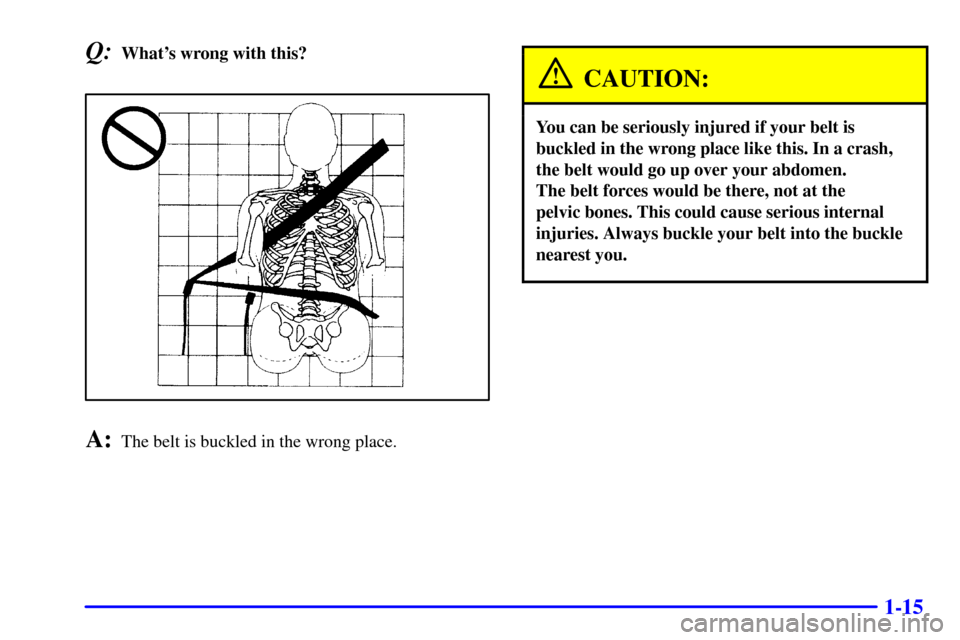 CADILLAC ELDORADO 2000 10.G Owners Manual 1-15
Q:Whats wrong with this?
A:The belt is buckled in the wrong place.
CAUTION:
You can be seriously injured if your belt is
buckled in the wrong place like this. In a crash,
the belt would go up ov