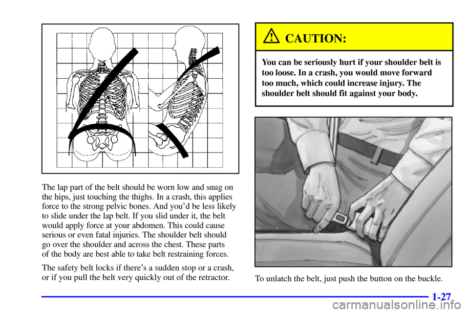 CADILLAC ELDORADO 2000 10.G Owners Guide 1-27
The lap part of the belt should be worn low and snug on
the hips, just touching the thighs. In a crash, this applies
force to the strong pelvic bones. And youd be less likely
to slide under the CADILLAC ELDORADO 2000 10.G Owners Guide 1-27
The lap part of the belt should be worn low and snug on
the hips, just touching the thighs. In a crash, this applies
force to the strong pelvic bones. And youd be less likely
to slide under the