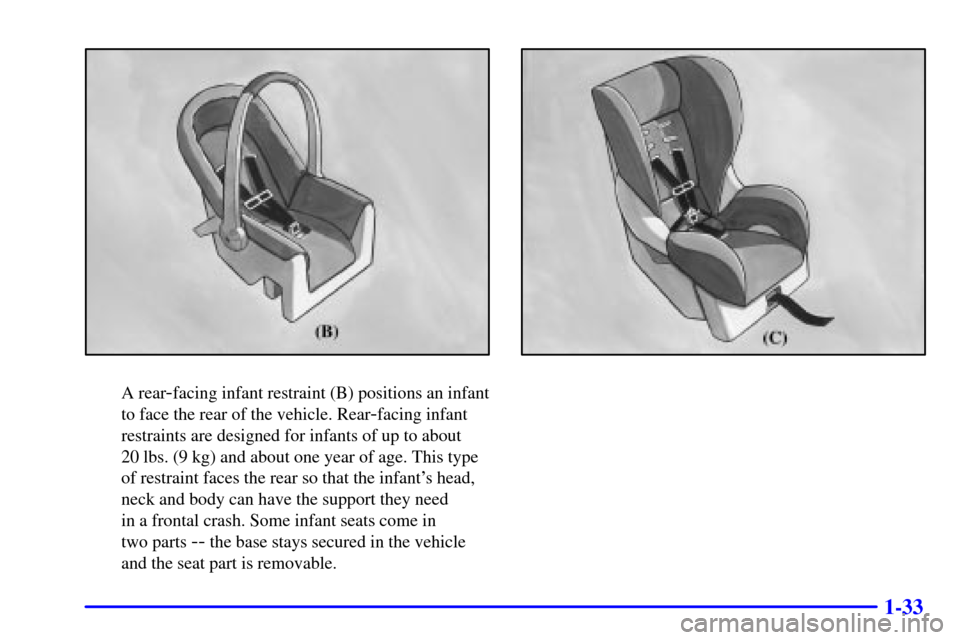 CADILLAC ELDORADO 2000 10.G Owners Manual 1-33
A rear-facing infant restraint (B) positions an infant
to face the rear of the vehicle. Rear
-facing infant
restraints are designed for infants of up to about 
20 lbs. (9 kg) and about one year o