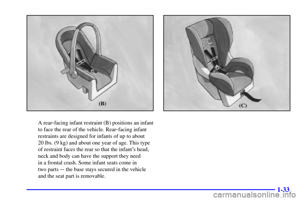 CADILLAC ELDORADO 2000 10.G Service Manual 1-33
A rear-facing infant restraint (B) positions an infant
to face the rear of the vehicle. Rear
-facing infant
restraints are designed for infants of up to about 
20 lbs. (9 kg) and about one year o