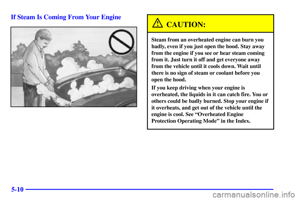 CADILLAC ELDORADO 2001 10.G Owners Manual 5-10 If Steam Is Coming From Your Engine
CAUTION:
Steam from an overheated engine can burn you
badly, even if you just open the hood. Stay away
from the engine if you see or hear steam coming
from it.