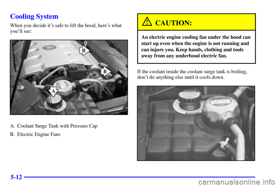 CADILLAC ELDORADO 2001 10.G Owners Manual 5-12
Cooling System
When you decide its safe to lift the hood, heres what
youll see:
A. Coolant Surge Tank with Pressure Cap
B. Electric Engine Fans
CAUTION:
An electric engine cooling fan under th