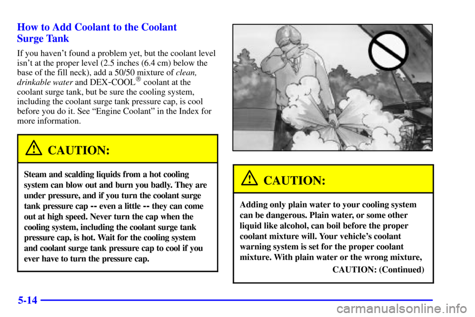 CADILLAC ELDORADO 2001 10.G Owners Manual 5-14 How to Add Coolant to the Coolant 
Surge Tank
If you havent found a problem yet, but the coolant level
isnt at the proper level (2.5 inches (6.4 cm) below the
base of the fill neck), add a 50/5