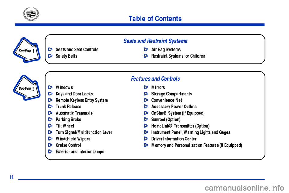 CADILLAC ELDORADO 2001 10.G Owners Manual ii
Table of Contents
Windows
Keys and Door Locks
Remote Keyless Entry System
Trunk Release
Automatic Transaxle
Parking Brake
Tilt Wheel
Turn Signal/Multifunction Lever
Windshield Wipers
Cruise Control