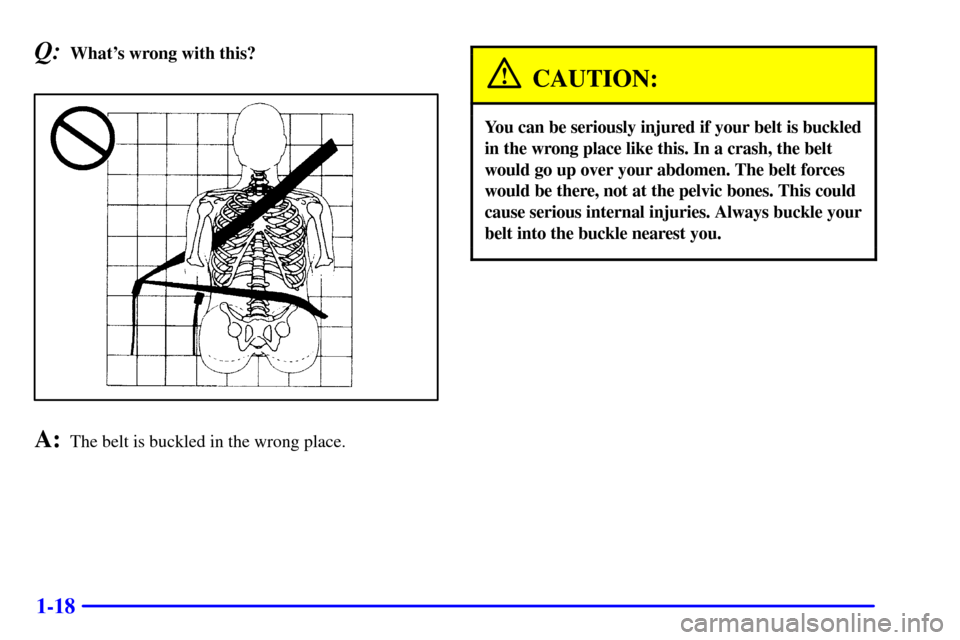 CADILLAC ELDORADO 2002 10.G Owners Manual 1-18
Q:Whats wrong with this?
A:The belt is buckled in the wrong place.
CAUTION:
You can be seriously injured if your belt is buckled
in the wrong place like this. In a crash, the belt
would go up ov