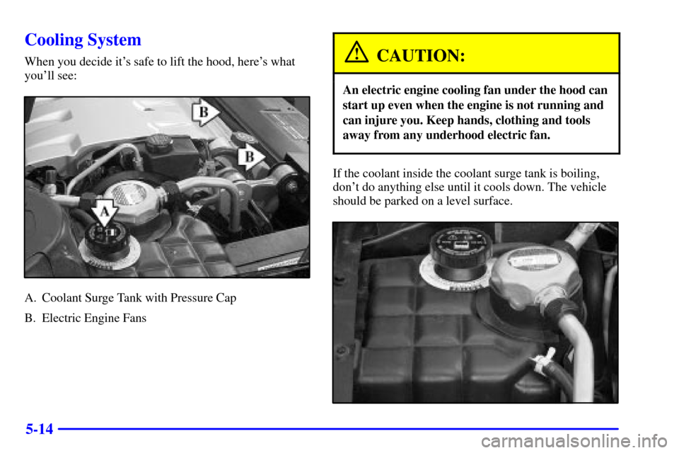 CADILLAC ELDORADO 2002 10.G Owners Manual 5-14
Cooling System
When you decide its safe to lift the hood, heres what
youll see:
A. Coolant Surge Tank with Pressure Cap
B. Electric Engine Fans
CAUTION:
An electric engine cooling fan under th