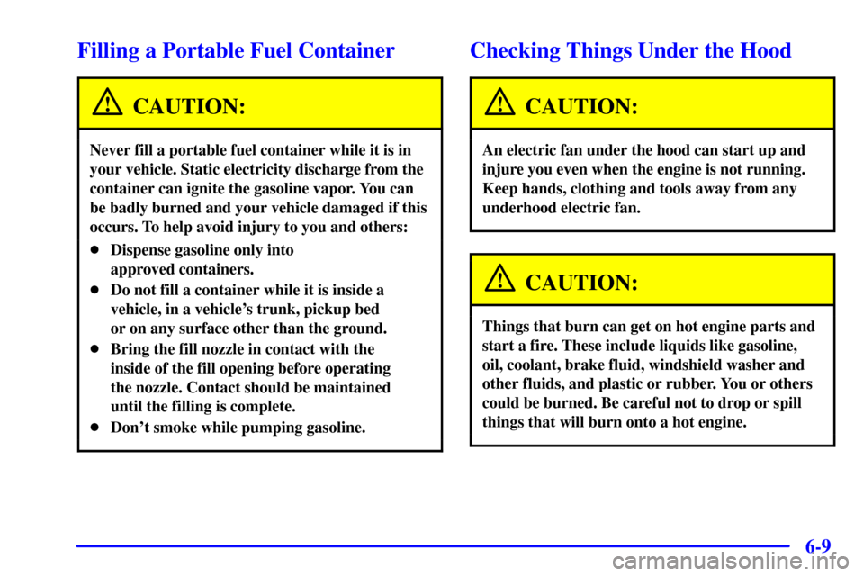 CADILLAC ELDORADO 2002 10.G Owners Manual 6-9
Filling a Portable Fuel Container
CAUTION:
Never fill a portable fuel container while it is in
your vehicle. Static electricity discharge from the
container can ignite the gasoline vapor. You can
