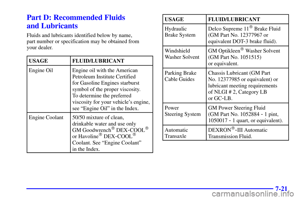 CADILLAC ELDORADO 2002 10.G Owners Manual 7-21
Part D: Recommended Fluids 
and Lubricants
Fluids and lubricants identified below by name, 
part number or specification may be obtained from 
your dealer.
USAGE
FLUID/LUBRICANT
Engine OilEngine 