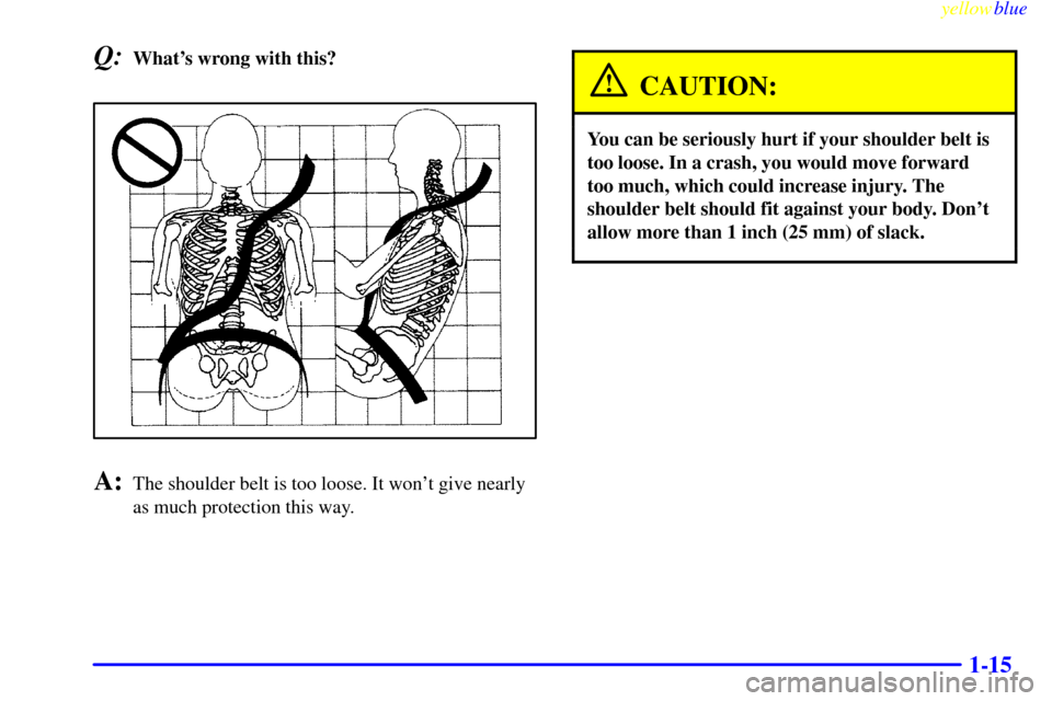 CADILLAC ELDORADO 1999 10.G Owners Manual yellowblue     
1-15
Q:Whats wrong with this?
A:The shoulder belt is too loose. It wont give nearly
as much protection this way.
CAUTION:
You can be seriously hurt if your shoulder belt is
too loose