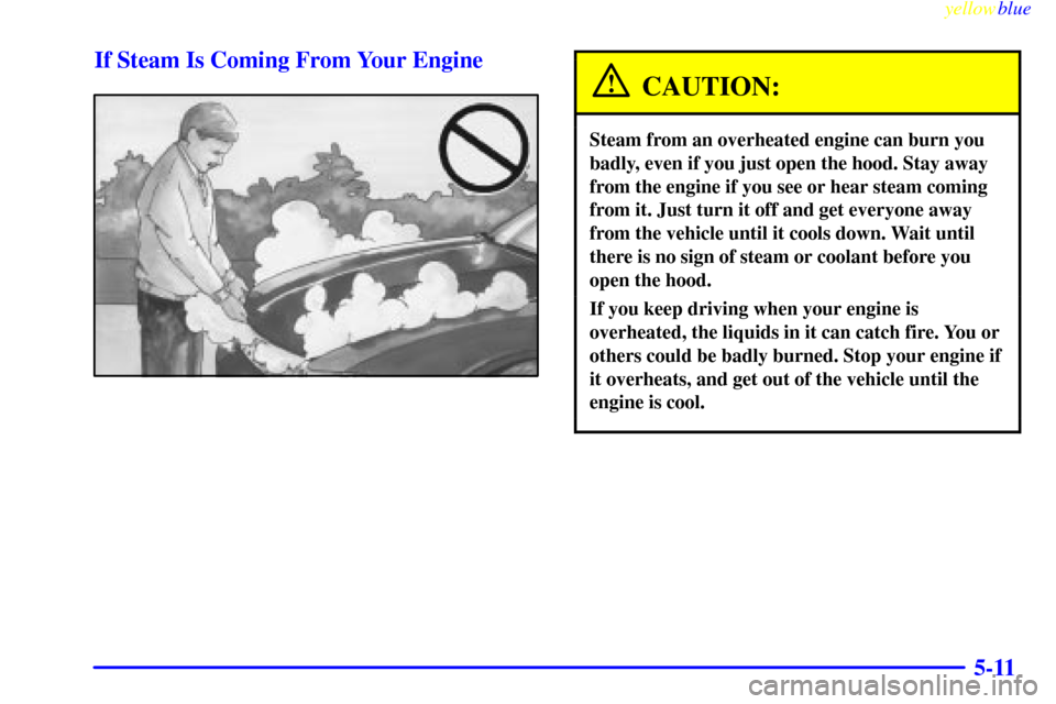 CADILLAC ELDORADO 1999 10.G Owners Manual yellowblue     
5-11 If Steam Is Coming From Your Engine
CAUTION:
Steam from an overheated engine can burn you
badly, even if you just open the hood. Stay away
from the engine if you see or hear steam