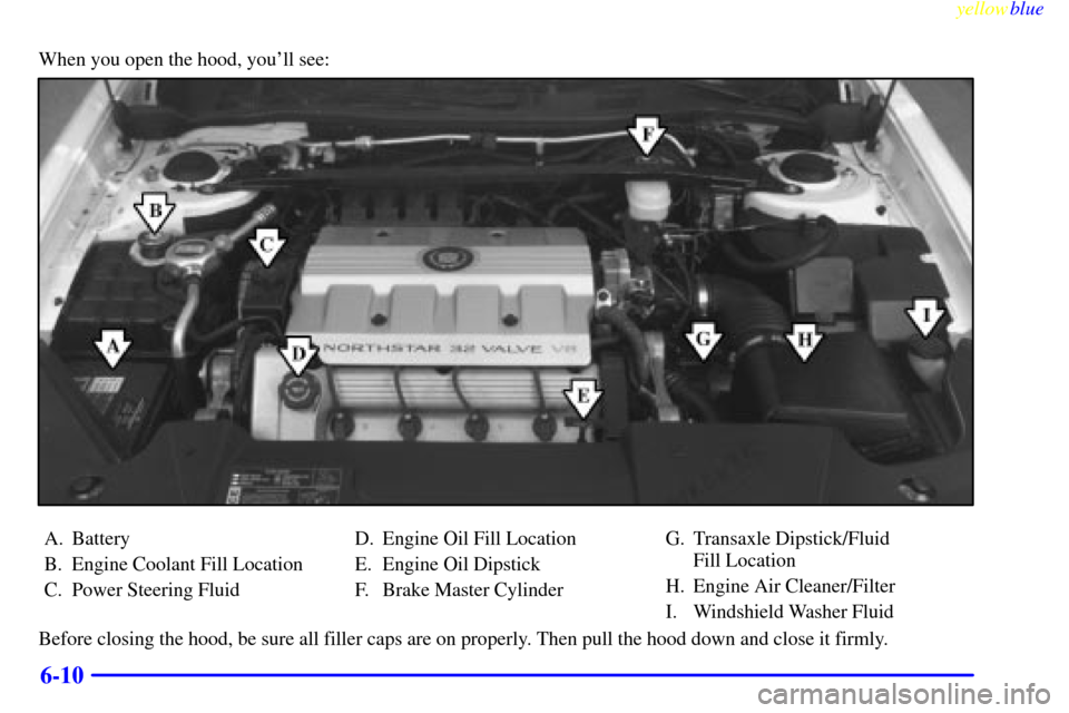 CADILLAC ELDORADO 1999 10.G Owners Manual yellowblue
6-10
When you open the hood, youll see:
A. Battery
B. Engine Coolant Fill Location
C. Power Steering FluidD. Engine Oil Fill Location
E. Engine Oil Dipstick
F. Brake Master CylinderG. CADILLAC ELDORADO 1999 10.G Owners Manual yellowblue
6-10
When you open the hood, youll see:
A. Battery
B. Engine Coolant Fill Location
C. Power Steering FluidD. Engine Oil Fill Location
E. Engine Oil Dipstick
F. Brake Master CylinderG.