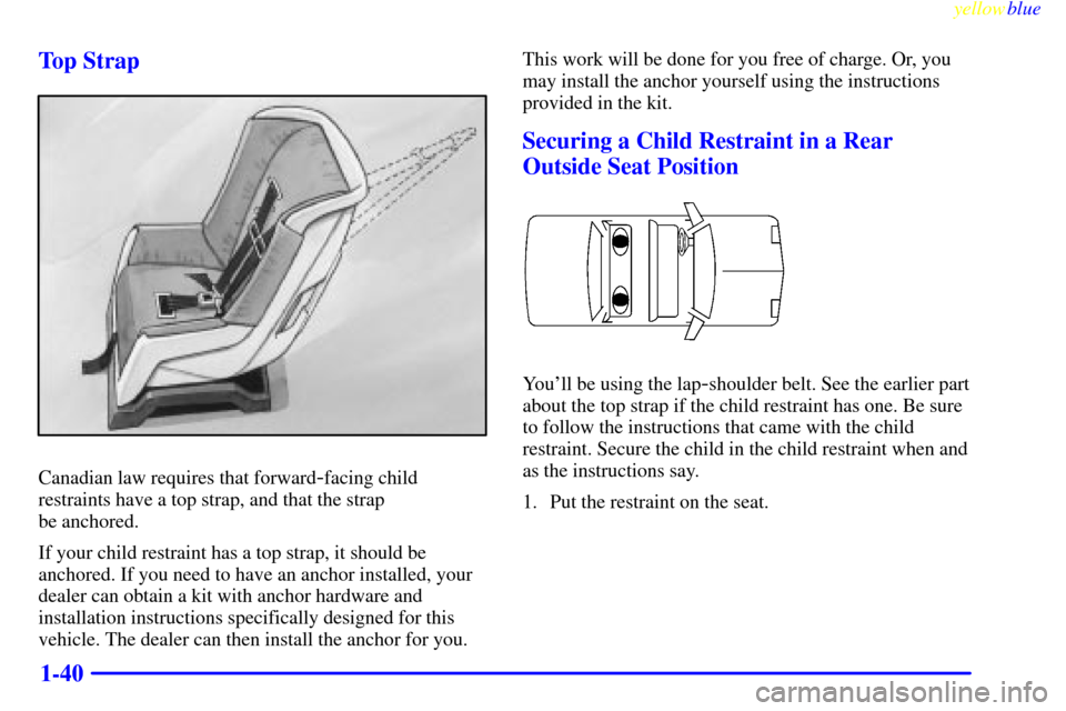 CADILLAC ELDORADO 1999 10.G Service Manual yellowblue
1-40 Top Strap
Canadian law requires that forward-facing child
restraints have a top strap, and that the strap
be anchored.
If your child restraint has a top strap, it should be
ancho CADILLAC ELDORADO 1999 10.G Service Manual yellowblue
1-40 Top Strap
Canadian law requires that forward-facing child
restraints have a top strap, and that the strap
be anchored.
If your child restraint has a top strap, it should be
ancho