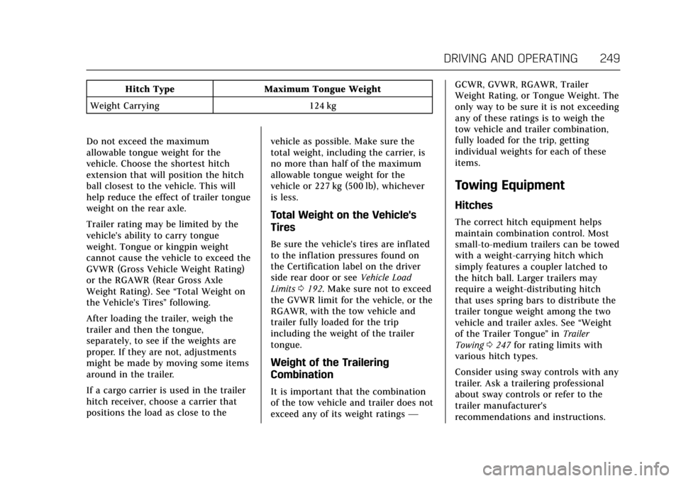 CADILLAC ESCALADE 2017 4.G Owners Manual Cadillac Escalade Owner Manual (GMNA-Localizing-MidEast-10293077) -
2017 - crc - 8/24/16
DRIVING AND OPERATING 249
Hitch TypeMaximum Tongue Weight
Weight Carrying 124 kg
Do not exceed the maximum
allo