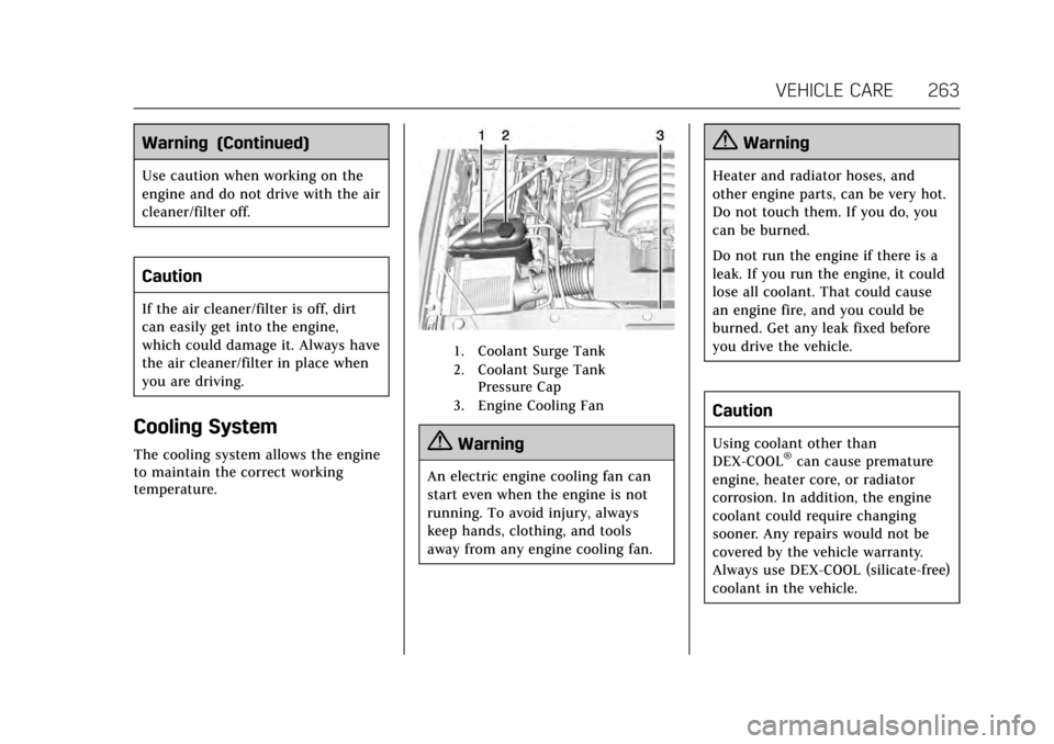 CADILLAC ESCALADE 2017 4.G Owners Manual Cadillac Escalade Owner Manual (GMNA-Localizing-MidEast-10293077) -
2017 - crc - 8/24/16
VEHICLE CARE 263
Warning (Continued)
Use caution when working on the
engine and do not drive with the air
clean CADILLAC ESCALADE 2017 4.G Owners Manual Cadillac Escalade Owner Manual (GMNA-Localizing-MidEast-10293077) -
2017 - crc - 8/24/16
VEHICLE CARE 263
Warning (Continued)
Use caution when working on the
engine and do not drive with the air
clean
