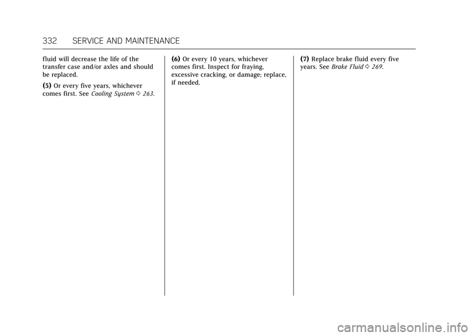 CADILLAC ESCALADE 2017 4.G Owners Manual Cadillac Escalade Owner Manual (GMNA-Localizing-MidEast-10293077) -
2017 - crc - 8/24/16
332 SERVICE AND MAINTENANCE
fluid will decrease the life of the
transfer case and/or axles and should
be replac CADILLAC ESCALADE 2017 4.G Owners Manual Cadillac Escalade Owner Manual (GMNA-Localizing-MidEast-10293077) -
2017 - crc - 8/24/16
332 SERVICE AND MAINTENANCE
fluid will decrease the life of the
transfer case and/or axles and should
be replac