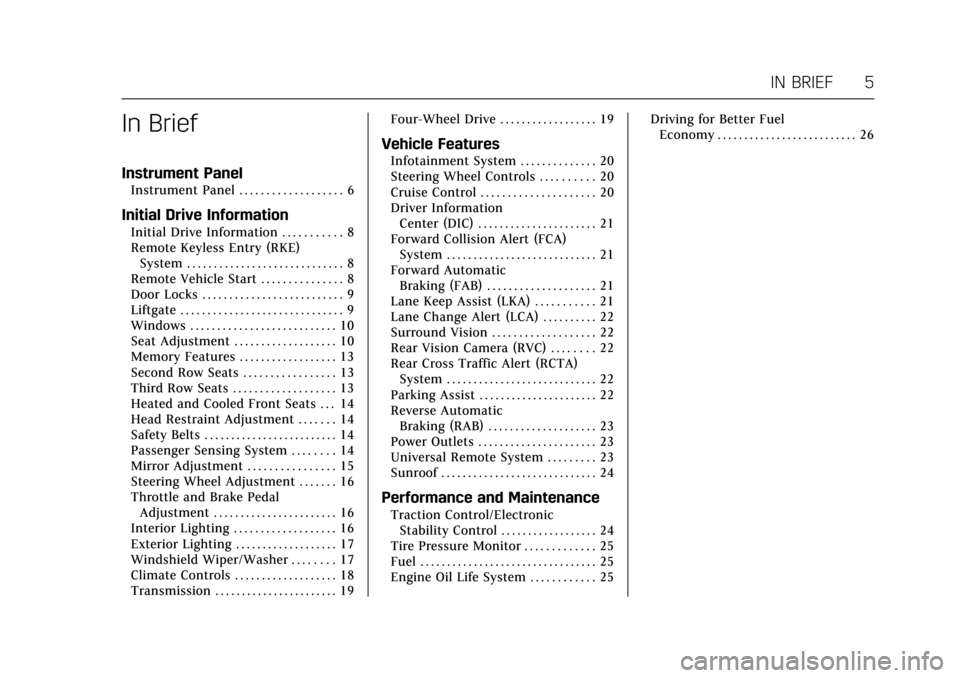 CADILLAC ESCALADE 2017 4.G Owners Manual Cadillac Escalade Owner Manual (GMNA-Localizing-MidEast-10293077) -
2017 - crc - 8/24/16
IN BRIEF 5
In Brief
Instrument Panel
Instrument Panel . . . . . . . . . . . . . . . . . . . 6
Initial Drive Inf