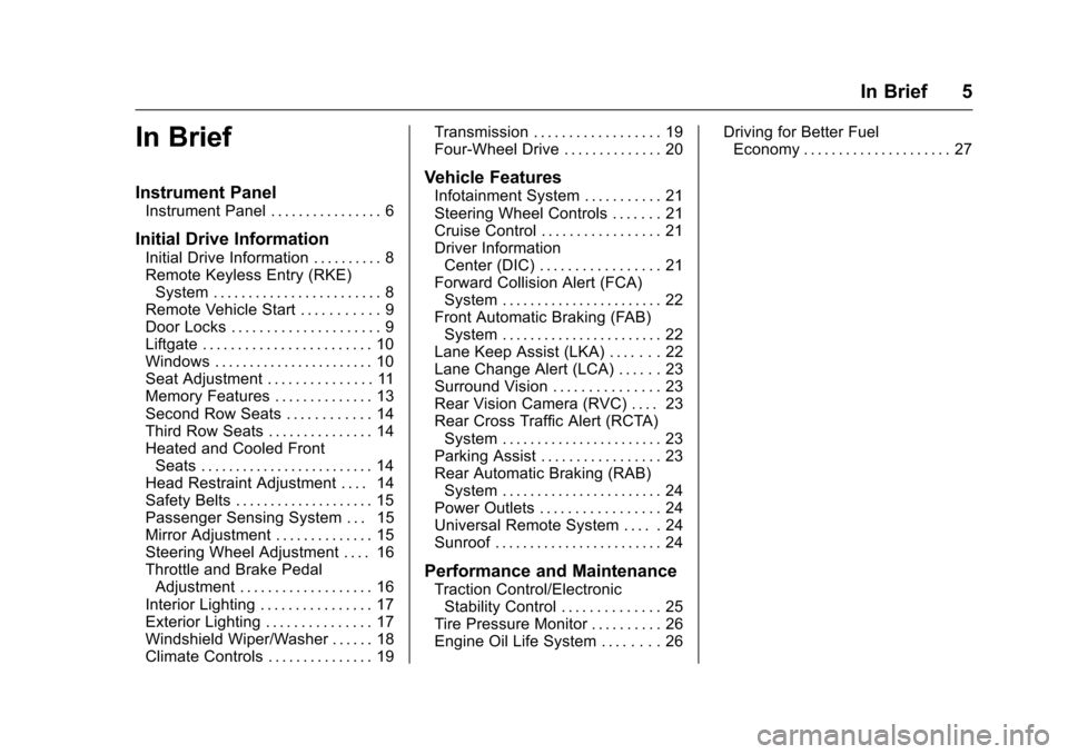 CADILLAC ESCALADE 2016 4.G Owners Manual Cadillac Escalade Owner Manual (GMNA-Localizing-MidEast-9369153) -
2016 - crc - 6/19/15
In Brief 5
In Brief
Instrument Panel
Instrument Panel . . . . . . . . . . . . . . . . 6
Initial Drive Informatio