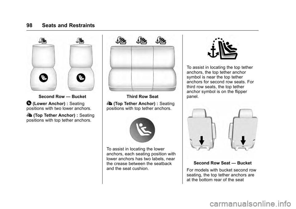 CADILLAC ESCALADE 2016 4.G Owners Manual Cadillac Escalade Owner Manual (GMNA-Localizing-MidEast-9369153) -
2016 - crc - 6/19/15
98 Seats and Restraints
Second Row—Bucket
H(Lower Anchor) : Seating
positions with two lower anchors.
I(Top Te CADILLAC ESCALADE 2016 4.G Owners Manual Cadillac Escalade Owner Manual (GMNA-Localizing-MidEast-9369153) -
2016 - crc - 6/19/15
98 Seats and Restraints
Second Row—Bucket
H(Lower Anchor) : Seating
positions with two lower anchors.
I(Top Te