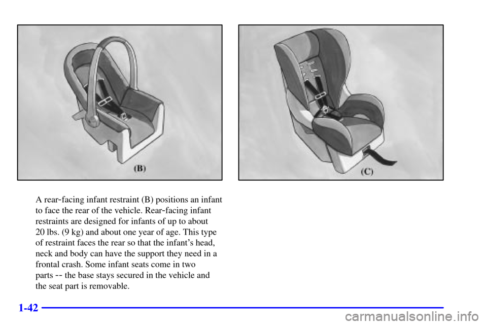 CADILLAC ESCALADE 2000 1.G Owners Manual 1-42
A rear-facing infant restraint (B) positions an infant
to face the rear of the vehicle. Rear
-facing infant
restraints are designed for infants of up to about 
20 lbs. (9 kg) and about one year o
