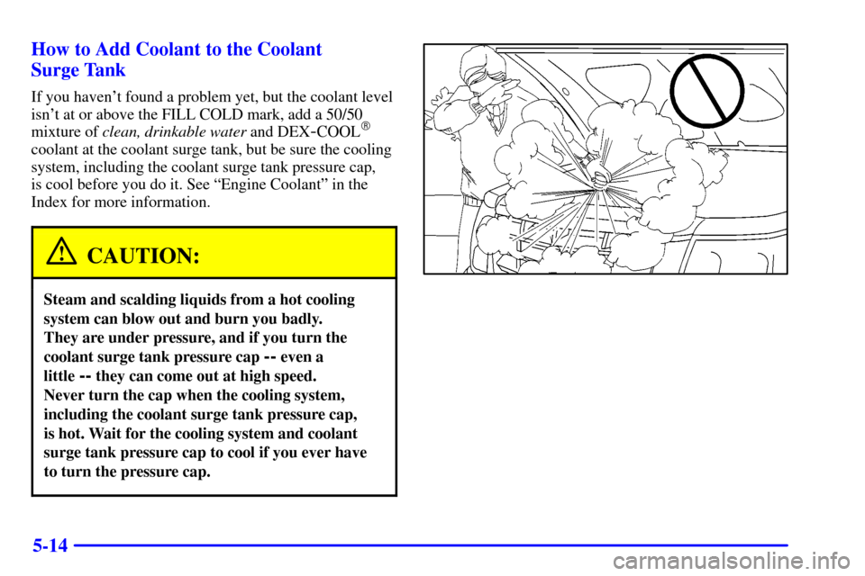 CADILLAC ESCALADE 2002 2.G User Guide 5-14 How to Add Coolant to the Coolant 
Surge Tank
If you havent found a problem yet, but the coolant level
isnt at or above the FILL COLD mark, add a 50/50
mixture of clean, drinkable water and DEX
