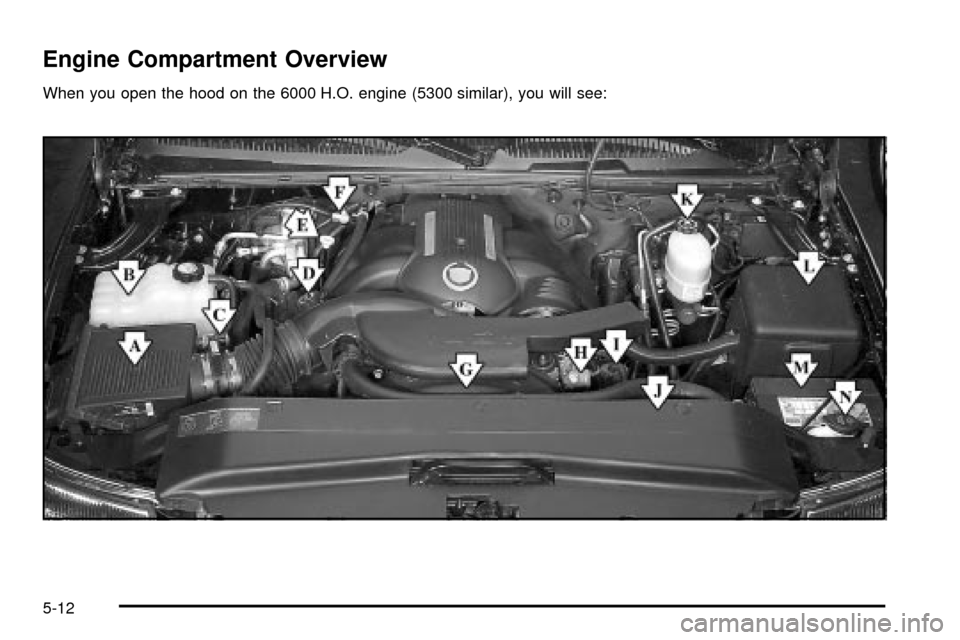 CADILLAC ESCALADE 2003 2.G Owners Manual Engine Compartment Overview
When you open the hood on the 6000 H.O. engine (5300 similar), you will see:
5-12 CADILLAC ESCALADE 2003 2.G Owners Manual Engine Compartment Overview
When you open the hood on the 6000 H.O. engine (5300 similar), you will see:
5-12