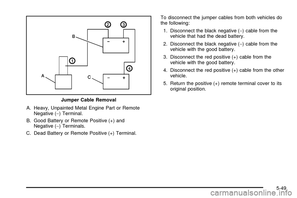 CADILLAC ESCALADE 2003 2.G Owners Manual A. Heavy, Unpainted Metal Engine Part or Remote
Negative (-) Terminal.
B. Good Battery or Remote Positive (+) and
Negative (-) Terminals.
C. Dead Battery or Remote Positive (+) Terminal.To disconnect 