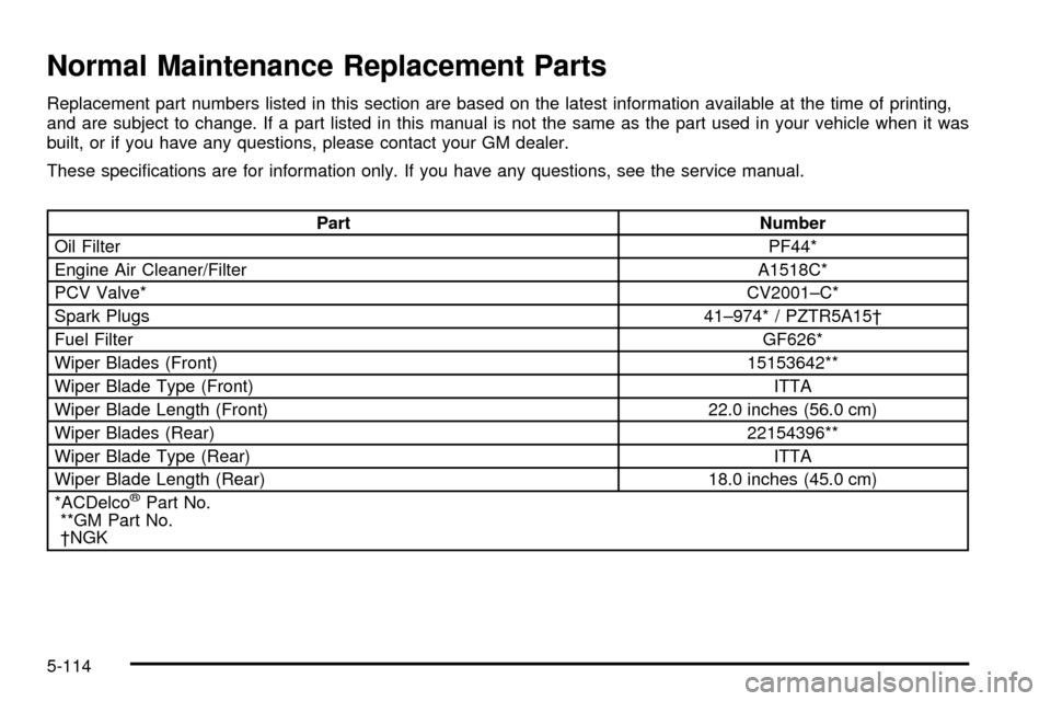 CADILLAC ESCALADE 2003 2.G Owners Manual Normal Maintenance Replacement Parts
Replacement part numbers listed in this section are based on the latest information available at the time of printing,
and are subject to change. If a part listed 