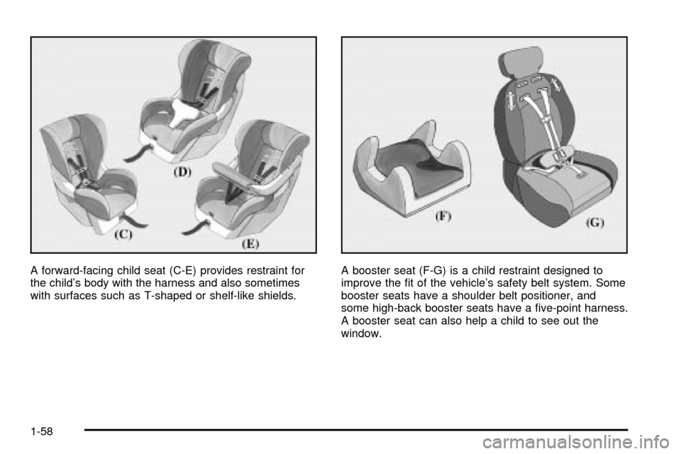 CADILLAC ESCALADE 2003 2.G Owners Manual A forward-facing child seat (C-E) provides restraint for
the childs body with the harness and also sometimes
with surfaces such as T-shaped or shelf-like shields.A booster seat (F-G) is a child restr CADILLAC ESCALADE 2003 2.G Owners Manual A forward-facing child seat (C-E) provides restraint for
the childs body with the harness and also sometimes
with surfaces such as T-shaped or shelf-like shields.A booster seat (F-G) is a child restr