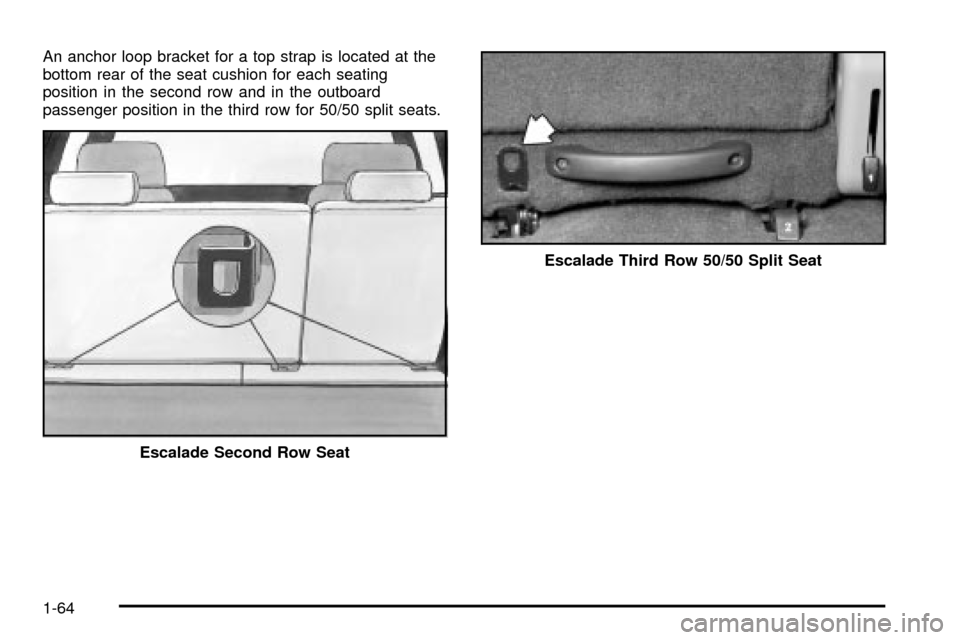 CADILLAC ESCALADE 2003 2.G Repair Manual An anchor loop bracket for a top strap is located at the
bottom rear of the seat cushion for each seating
position in the second row and in the outboard
passenger position in the third row for 50/50 s