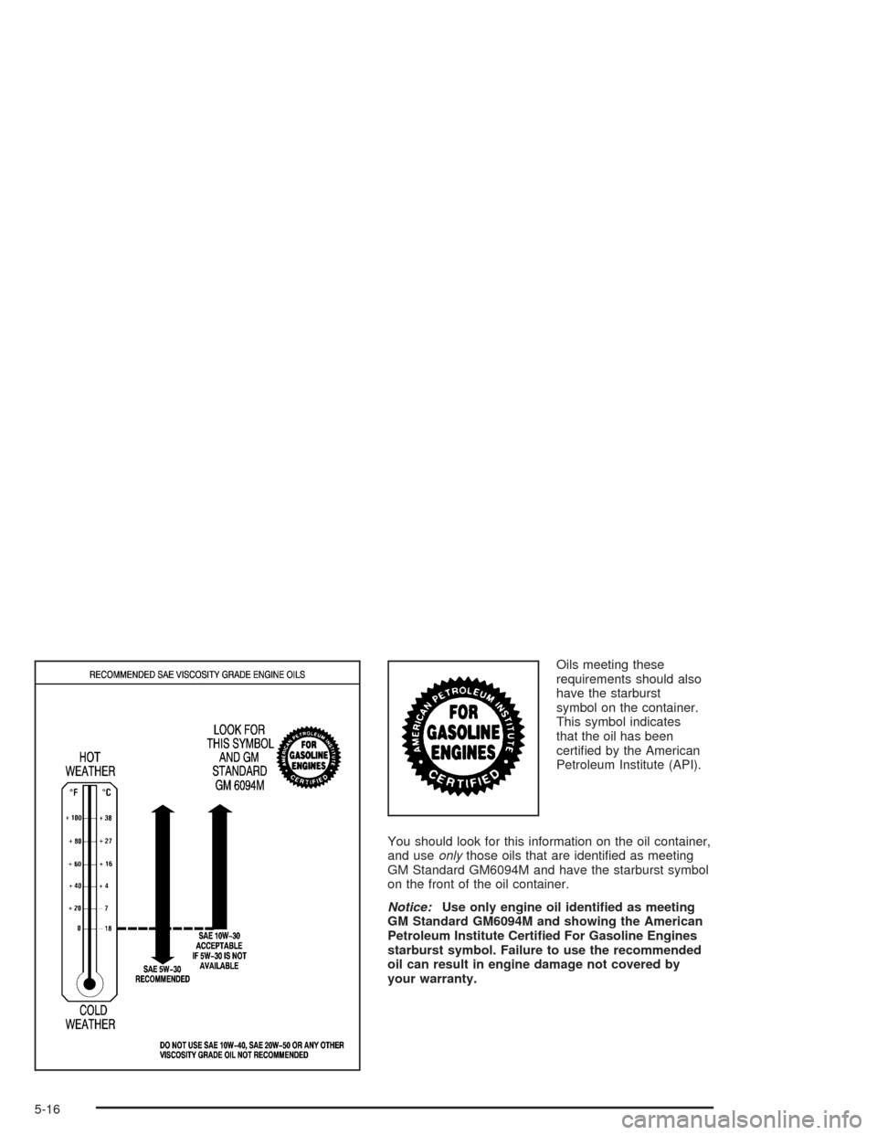CADILLAC ESCALADE 2004 2.G Manual PDF Oils meeting these
requirements should also
have the starburst
symbol on the container.
This symbol indicates
that the oil has been
certi�ed by the American
Petroleum Institute (API).
You should look 