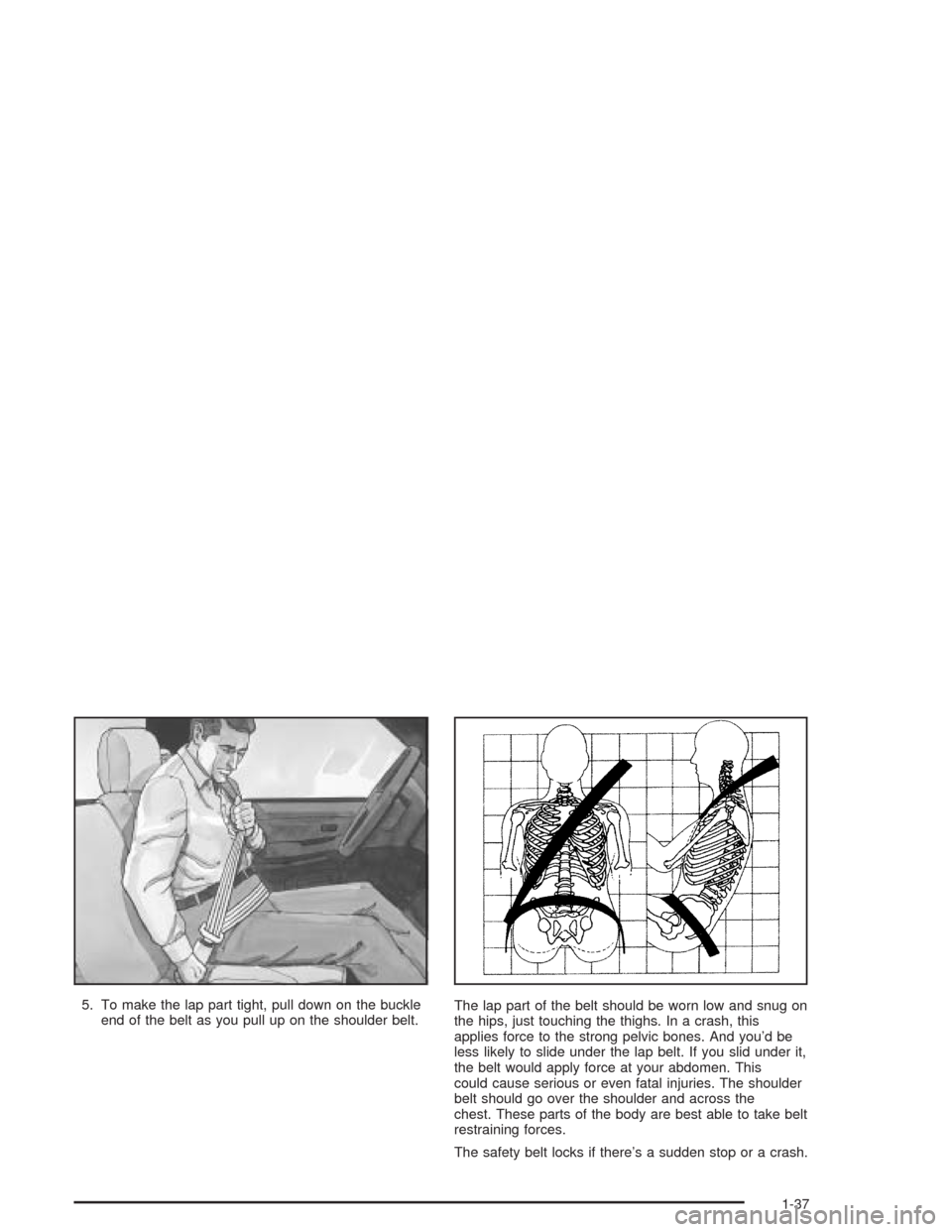 CADILLAC ESCALADE 2004 2.G Service Manual 5. To make the lap part tight, pull down on the buckle
end of the belt as you pull up on the shoulder belt.The lap part of the belt should be worn low and snug on
the hips, just touching the thighs. I