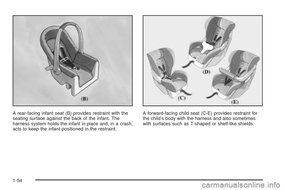 CADILLAC ESCALADE 2005 2.G Workshop Manual A rear-facing infant seat (B) provides restraint with the
seating surface against the back of the infant. The
harness system holds the infant in place and, in a crash,
acts to keep the infant position