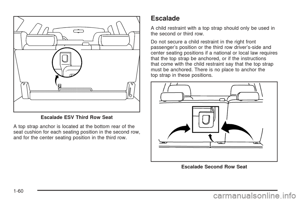 CADILLAC ESCALADE 2005 2.G Repair Manual A top strap anchor is located at the bottom rear of the
seat cushion for each seating position in the second row,
and for the center seating position in the third row.
Escalade
A child restraint with 